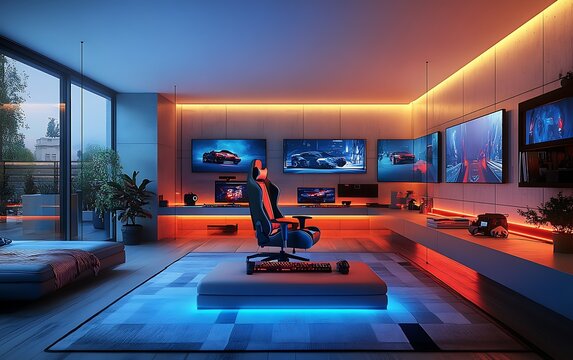 Modern gaming room with vibrant LED lighting, multiple screens displaying racing games, comfortable chair, and sleek design.