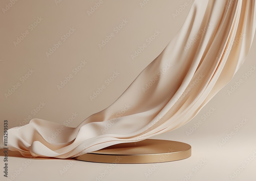Poster luxury 3d display podium with off-white fabric flowing motion on beige background for cosmetic produ