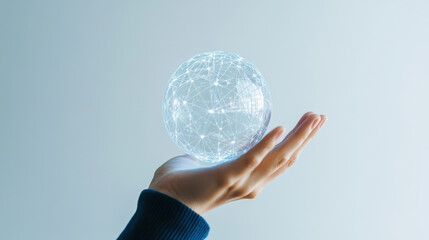 Futuristic Hand Holding a Digital Globe with Connections and Light Points Representing Global Communication and Technology Innovation