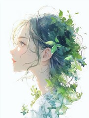 Naklejka premium Ethereal Portrait of a Woman with Green Foliage in Hair in Watercolor Style