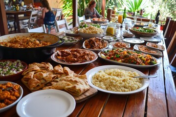 Fototapeta premium A vibrant spread of diverse dishes on a wooden table, inviting communal dining.