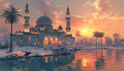 Fototapeta premium Mosque with sunset view. Suitable for travel brochures, religious articles, and peaceful imagery, Ramadan or Eid themed designs