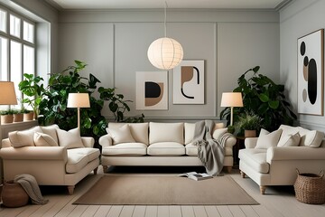 Elegant living room with beige sofa, armchairs, plants, and abstract art.