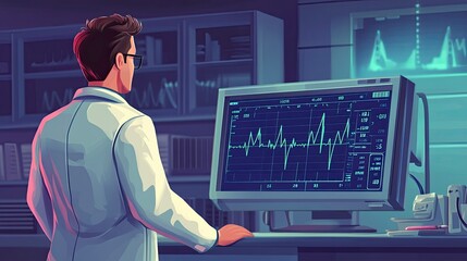Illustration of a uniformed doctor standing next to a vital signs monitor showing an electrocardiogram (ECG, EKG), normal sinus rhythm, and heart rate. Medical health care.