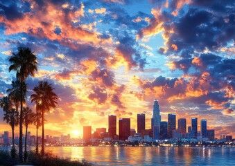 Breathtaking Los Angeles Skyline at Sunset with Vibrant Colors and Reflective Water, Ideal for Travel and Urban Photography Enthusiasts
