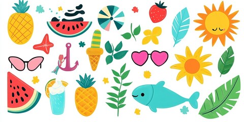 Colorful Summer Icons Collection with Watermelon, Ice Cream, and Beach Elements