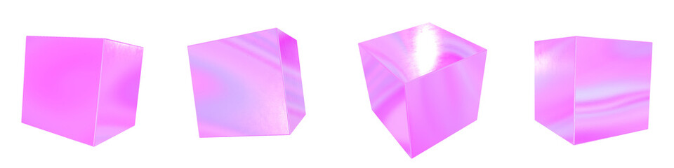 Set of 4 3d iridescent cubes isolated on a transparent background. Pink tone. 3d elements for graphic design.