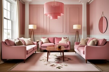 Pink living room interior with sofas, coffee table, rug, lamps, and a chandelier.