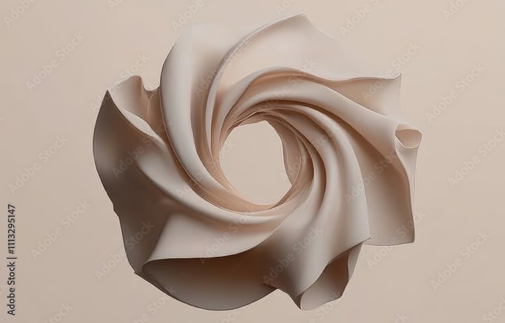 Poster minimalist display podium with beige background and flowing silk curtain for cosmetic product presen