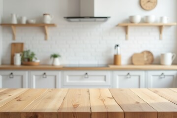 End grain wood counter table top on blur white minimal kitchen background.