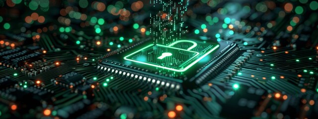 Obraz premium secure cybersecurity service concept motherboard lock login verified credentials banner design with copyspace digital technology protection