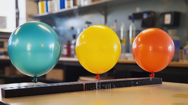Colorful balloons arranged on a lab table inside a science classroom during an educational experiment