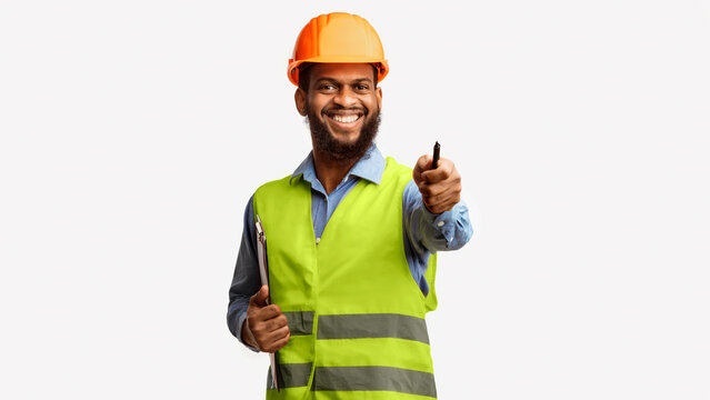 African Construction Workman Giving Instructions Pointing At Camera Holding Pen Standing On White Studio Background. Panorama