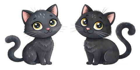 Fototapeta premium black cat watercolor set painting drawing cut out isolated on white background