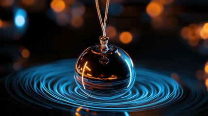 Swirling light patterns created by a pendulum in a dark space with glowing orbs