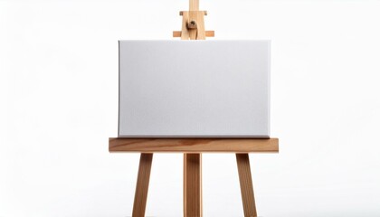 A wooden easel with a white canvas isolated on white background