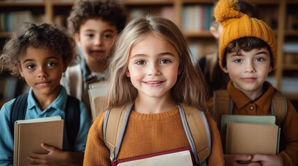 Portrait of diverse happy schoolchildren posing in classroom holding notebooks and backpacks smiling after school reopening