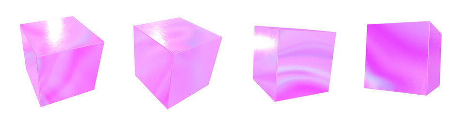 Set of 4 3d iridescent cubes isolated on a transparent background. Pink tone. 3d elements for graphic design.