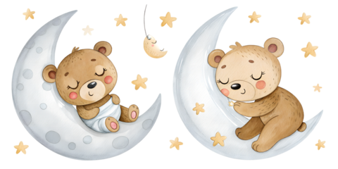 cute sleeping teddy bear on the silver moon watercolor set painting drawing cut out isolated on white background