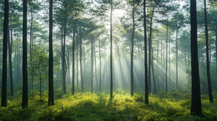 Obraz premium Sunlight filters through a lush forest in the early morning