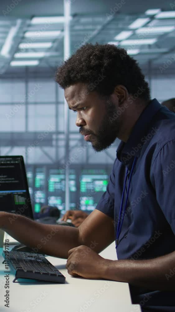 Poster vertical video engineer in data center implementing advanced ai driven predictive maintenance system