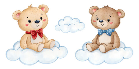 Fototapeta premium Cute teddy bear sitting on the cloud watercolor set painting drawing cut out isolated on white background