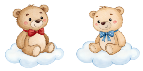 Cute teddy bear sitting on the cloud watercolor set painting drawing cut out isolated on white background