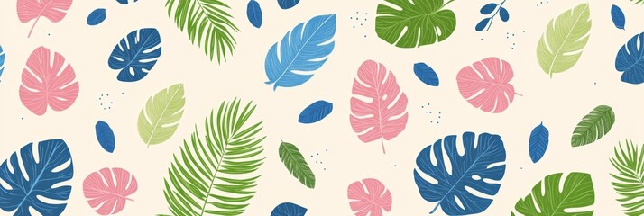 Tropical Leaves and Feathers Summer Pattern on Beige Background for Holidays and Vacations
