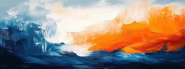 Fototapeta premium Abstract vibrant painting texture background in blue and orange, oil acrylic brushstrokes dynamic art waves