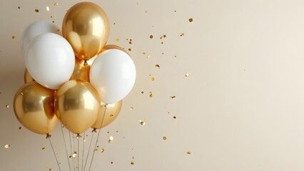 Golden and white balloons with confetti on a beige background,a place for text