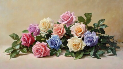 Colorful roses arranged in a still life painting.