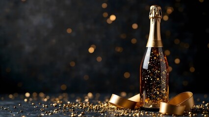 Champagne bottle with golden ribbon and confetti on black background, copy space