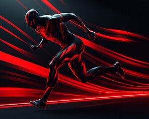Abstract running figure in a sleek design, featuring bold reds and blacks. Powerful sans-serif typeface