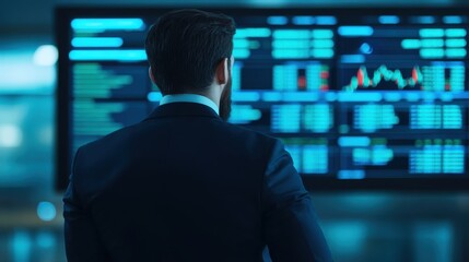 Fototapeta premium finance stocks advisory Concept. A professional analyzing financial data on digital screens in a corporate setting.