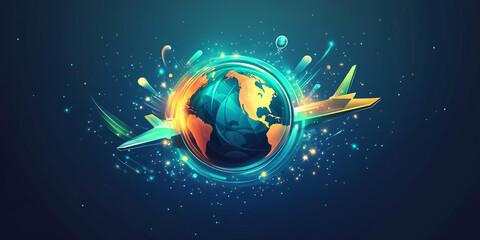 Fototapeta premium An adventure logo with a dynamic globe and plane design, incorporating vibrant blues, greens, and bright highlights. The modern sans-serif font adds a professional touch