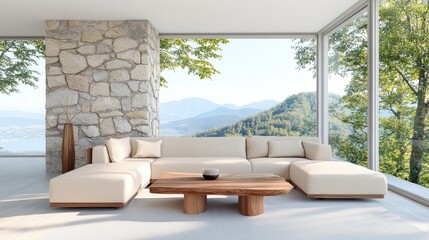 Rustic Living Room with Stone Wall and Natural Decor