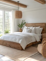 Cozy Rustic Bedroom with Wooden Bed Frame, White Bedding, and Natural Decor Featuring a Large Window, Potted Plant, and Woven Pendant Light.