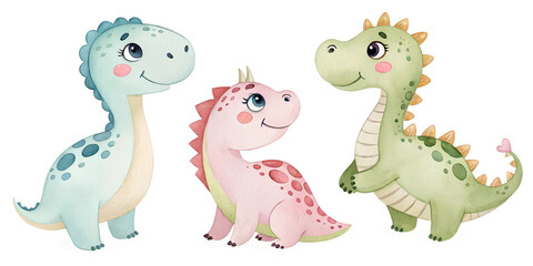 cute little dinosaur watercolor set painting drawing cut out isolated on white background