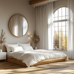 Serene Minimalist Bedroom with Large Arched Window and Natural Light. Featuring a Cozy Wooden Bed Frame, White Bedding, Round Mirror, Pampas Grass, and Elegant Decor.