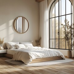 Serene Minimalist Bedroom with Large Arched Window and Natural Light. Featuring a Cozy Wooden Bed Frame, White Bedding, Round Mirror, Pampas Grass, and Elegant Decor.