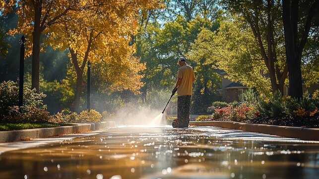 Man Using Electric Pressure Washer to Clean Concrete Driveway in Peaceful Suburban Area with Sunlight and Trees - Powered by Adobe