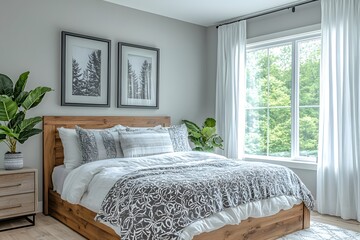 Modern Bedroom Design with Wooden Bed Frame, Monochrome Bedding, Large Window with White Curtains, and Minimalist Decor Featuring Two Black and White Art Prints Above the Bed.