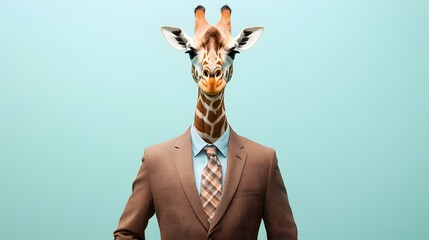 A giraffe in a brown office suit with a plaid tie, casually standing with arms by its sides in front of a light blue background and lots of open space.