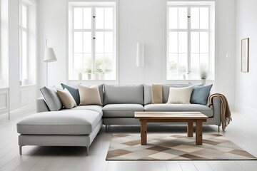 Fototapeta premium Modern light grey sectional sofa in bright living room with wooden coffee table and patterned rug.