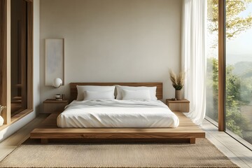 Serene Minimalist Bedroom with Natural Light. Cozy Bed, Wooden Furniture, and Large Windows Creating a Tranquil and Inviting Atmosphere.