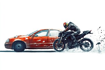 Studio depiction of a motorcycle skidding to avoid a stopped car isolated on white