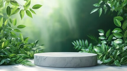 White Marble Display Platform in Lush Green Nature Scene for Summer Presentation Mockup