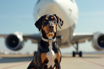 Pilot - dog standing in front of a big plane