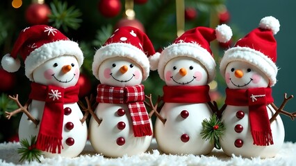 A family of snowmen in Santa Claus hats on the background of a Christmas tree in close-up