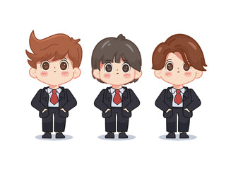 Group of businessman smiling character in black suit. illustration vector hand drawn premium.